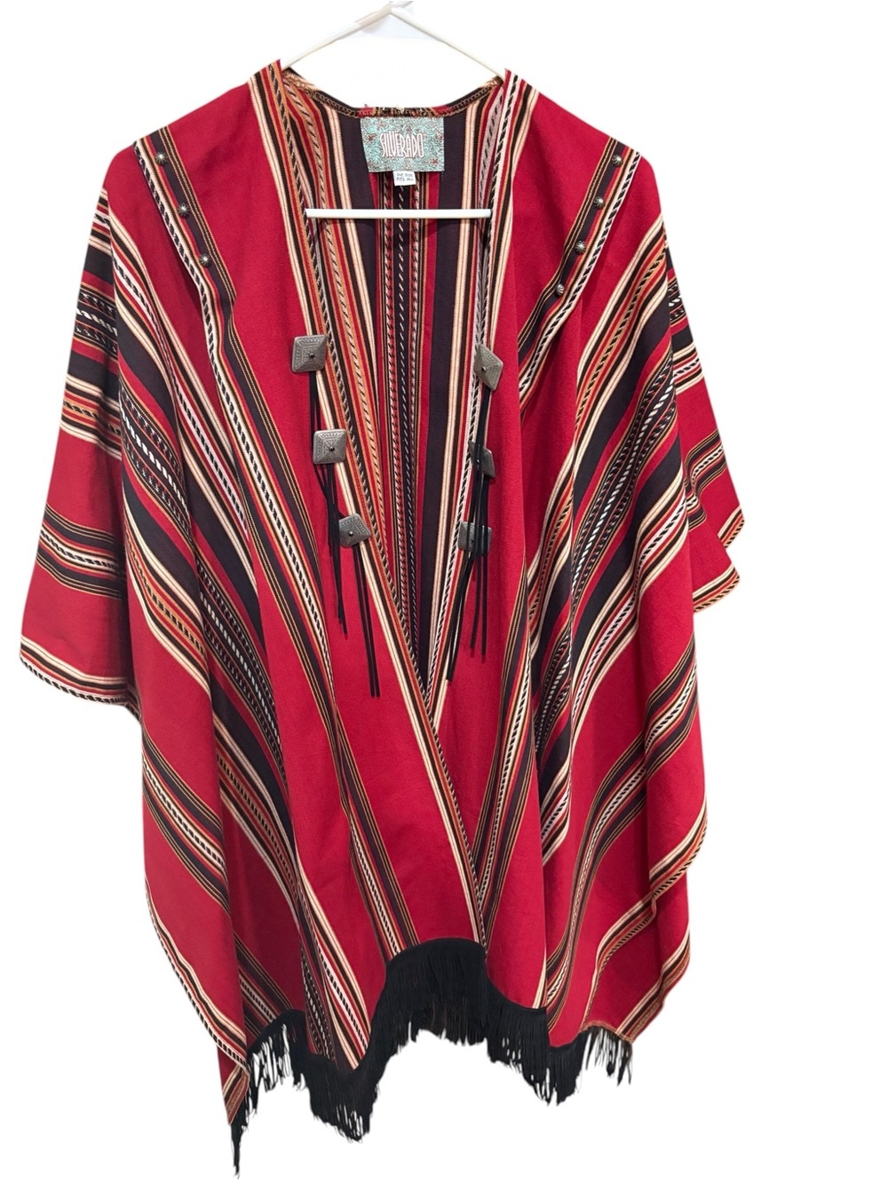 Silverado Western Serape Ruana Poncho Cape Red Striped Fringe Concho Open Front